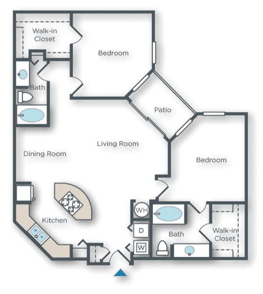Floor plan for 2 beds, 2 baths, 1228 sqft